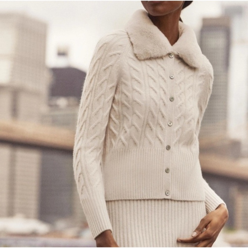 Joie Cream Cable Knit Faux‎ Fur Collar Cardigan Sweater